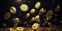 Rain Of Golden Bitcoin Coins On A Dark Background.