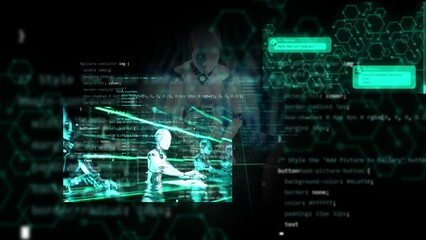 Wall Mural - 3d render animation of artificial intelligence humanoid working human job in chat operator with talk