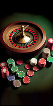 Wooden Roulette Wheel and Colorful Casino Token or Poker Chips Against Green Background. Casino Gambling Concept. Generative AI.