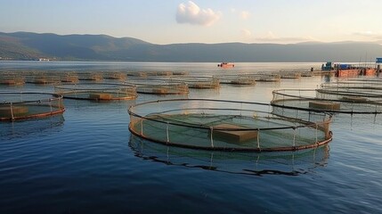 Wall Mural - Sea fish farm nets. Cages for fish farming sea, ai generative	