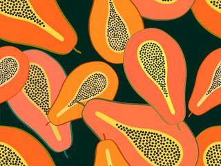 Seamless pattern with papaya on a black background. Half cut papaya with seeds in flat style. Design for printing on paper and fabric, banners and posters. Vector illustration