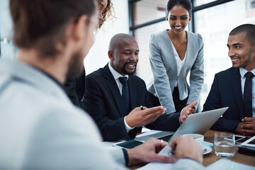 Poster - Business, meeting and men and women with laptop in office for planning, strategy and collaboration. Corporate, teamwork and people in discussion working on finance report, group project and proposal