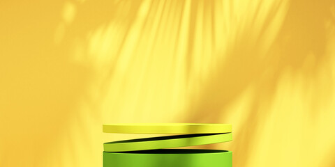 Wall Mural - Product podium mockup display on green and yellow background with tree shadow,summer background,3D render illustration