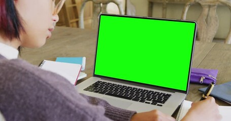 Poster - Composition of asian schoolgirl on laptop online learning with green screen