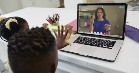 Wall Mural - Composition of african american boy and girl on laptop online learning with biracial female teacher