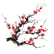Traditional Ink Painting Style Sakura Tree Branches, Beautiful Red Cherry Blossom, Spring Flowers, Generated Ai.	