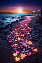 Night Scene Of The Beach With Edge Covered With Colorful Luminous Heart-shaped Pebbles Glowing In The Path Generative AI 