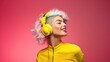 © khwanchai - colorful hair young woman wearing wireless headphones, listening to music, as wearing 80s fashion in Stylish with spectacular makeup, Beautiful fashionable girl posing as supermodel, Generative AI