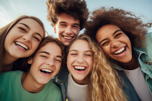 Teenage Group With Boys And Girls - All Laughing Exuberantly And Taking A Selfie - Vacation, Youth, Friendship And Celebration Theme - Generative AI