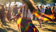 © annebel146 - Happy young girl in bohemian outfits party away at a music festival or other hippie celebration. A young girl dances to the groove. summer vacation, boho concept Copy space
