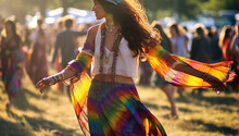 Happy Young Girl In Bohemian Outfits Party Away At A Music Festival Or Other Hippie Celebration. A Young Girl Dances To The Groove. Summer Vacation, Boho Concept Copy Space