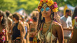 © annebel146 - Happy young girl in bohemian outfits party away at a music festival or other hippie celebration. A young girl dances to the groove. summer vacation, boho concept Copy space