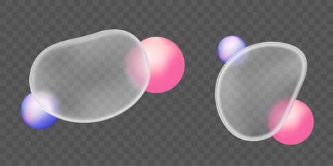 Wall Mural - 3d glass morphism blob shape set with gradient blur effect. Abstract vector frame texture with geometric glossy plate elements. Pink and purple round sphere bubble near frosted object icon graphic.