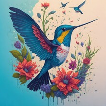A Fantasy Watercolor Painting Of Hummingbird With Flower Spinning Against Grey Background.Generative AI