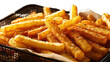 a basket filled with a large amount of freshly cooked French fries, overflowing in abundance. 