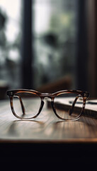 Frame of glasses of square shape on the table on a blurred background. Generative AI