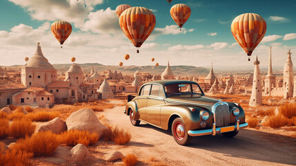 Wall Mural - Classic Retro Car with Hot Air Ballons Background