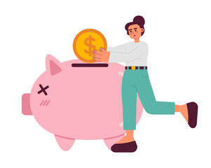 Wall Mural - Young woman invest coin into piggy bank 2D vector isolated spot illustration. Flat businesswoman investing on white background. Financial operations colorful editable scene