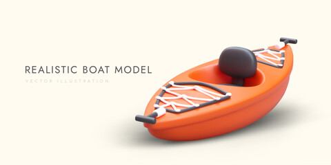 Wall Mural - Realistic model of single seater boat. Modern kayak with carrying handles. Orange boat with comfortable seat. Vector concept for travel sites. Equipment for fitness on river, lake