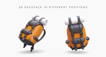 Wall Mural - 3D backpack in different positions. Orange tourist rucksack for hiking. Color vector image in cartoon style. Modern tourist equipment on white background