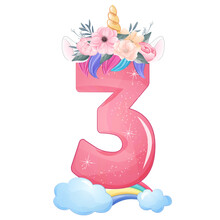 Cute Unicorn Birthday Decorate Party Number 3 Watercolor Illustration