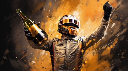 race car driver celebrating the win, racing driver celebrating with champagne spray, gran prix. digi
