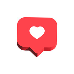 Heart in 3d speech bubble icon background. like heart social media notification icons 3d modern, love like chat bubbles social network post reactions - favorite hearts, 3d rendering, 3d illustration