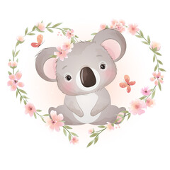  Cute koala with flower wreath watercolor illustration