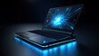 © shelbys - Luminous Connectivity Abstract Screen Notebook Computer Mockup in Dark Background. AI Generative Technology.