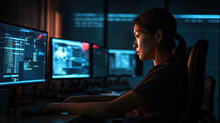 A Fictional Created By Generative AI, Side View Of Asian Businesswoman IT Programmer Working On Laptop And Sitting At Glass Desk With Networking Migrate In Background. Generative AI