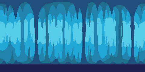 Colorful simple vector pixel art horizontal illustration of blue cave of stalagmites and stalactites in the style of retro platformer video game level