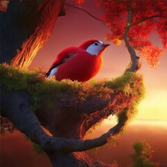 Perched on a beautiful big tree branch, a cool funky light red bird tends to its little nest, safeguarding a few eggs, while a gentle wind rustles the vibrant green leaves under a soft yellow sunrise.
