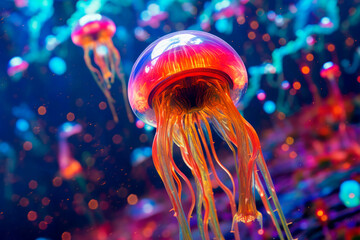 Extraterrestrial jellyfish on an alien ocean planet. . Generative AI