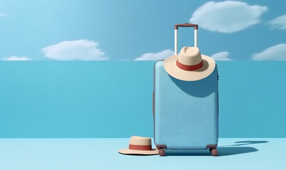 suitcase blue holiday vacation background trip journey hat transportation travel baggage. Generative AI.