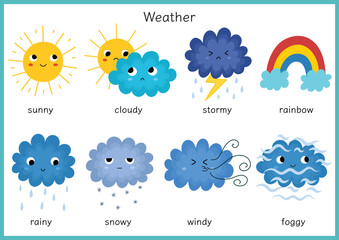 cute weather character set for kids. funny sun, clouds, rainbow clipart collection in cartoon style.