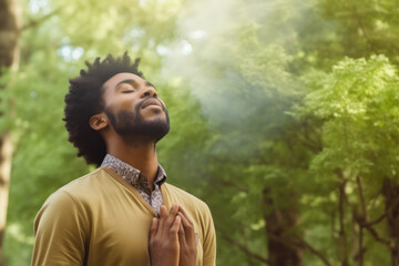 happy young man breathing deep with a green forest in the background. ai generative