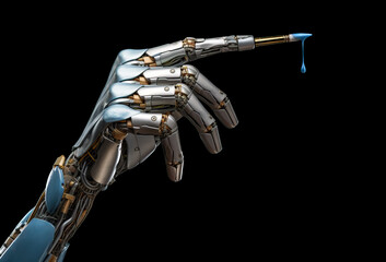 Hand of a robot where the index finger is a brush with dripping blue paint, concept of computer generated art, isolated on black background