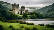 A Magnificent Castle Is Nestled In The Scottish Countryside. Subtle Mist Rolls Over The Hills. Lake In Front Of The Building. Generative AI.