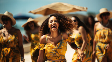 group of happy african american young women dancing on beach. hen party in yellow dresses. generativ