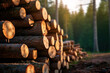 Many sawn forest trees. Timber industry