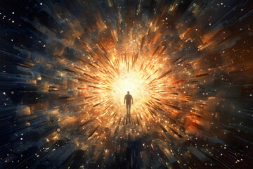 Wall Mural - person walking toward the light, explosion tunnel made with generative ai
