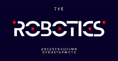 Poster - Geometric futuristic alphabet, robotic stencil letters, abstract font for minimalistic clean logo, unusual innovative headline, minimal simple typographic design. Vector typeset