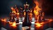 burning chess pieces, chess on the chessboard fire, international chess day 2023
