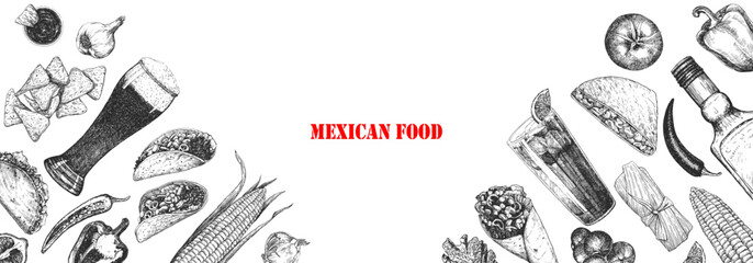 Mexican Food. Menu. Hand-drawn illustration of dishes and products. Ink. Vector 