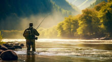Fisherman Fishing In A High Mountain River