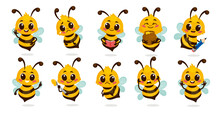 Set Of Cute Cartoon Bee Characters Isolated On White Background. Honeybee Characters With Different Emotions, Holding A Pot Of Honey, A Book, A Pencil And A Spoon. Emoticon Vector Collection.