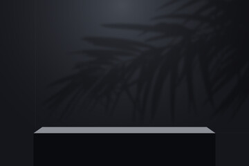 Leinwandbilder - Realistic dark platform with shadow overlay of palm tree branch. Stage with empty pedestal and transparent overlay shadow effect from tropical palm leaves. 3d podium for product display show. Vector.