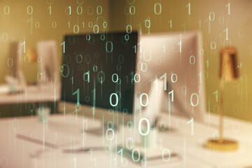 Wall Mural - creative abstract binary code hologram on modern computer background, ai and machine learning concep