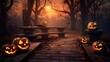 Generative AI illustration of a spooky forest sunset with a haunted evil glowing eyes of Jack O' Lanterns on the left of a wooden bench on a scary halloween night