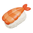 Floating Shrimp Sushi isolated on white. Cute japanese food icon. 3D illustration.